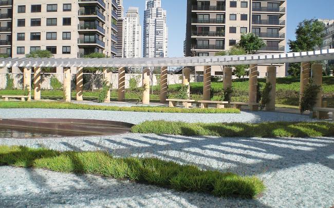 Roof garden with gravel and planted beds